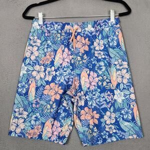 Tommy Bahama Swim Trunks Boys 14-16 Blue Tropical Floral Parrot Print Hawaiian